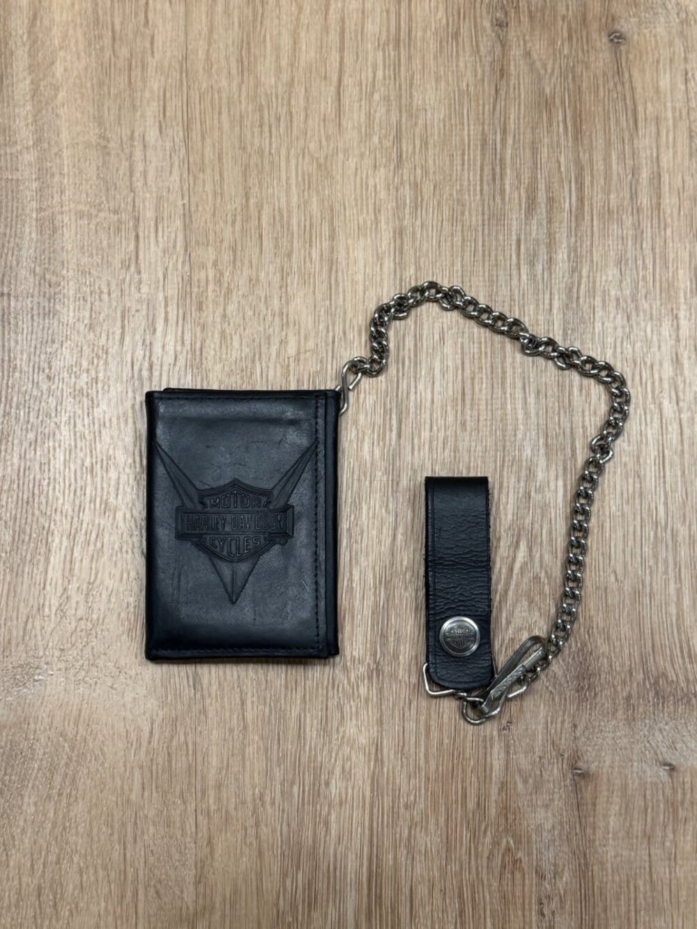 Vintage Harley Davidson Genuine Leather Tri-Fold Wallet With Chain Black Biker W
